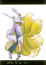 Rule 34 | 1girl, animal ears, blonde hair, dated, embarrassed, flying sweatdrops, fox ears, fox tail, full body, hand to own mouth, hands in opposite sleeves, hat, highres, letterboxed, long sleeves, multiple tails, namauni, own hands together, shoes, short hair, simple background, solo, tabard, tail, touhou, white background, yakumo ran, yellow eyes