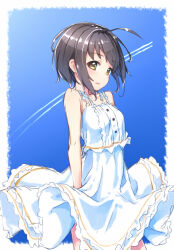 Rule 34 | 1girl, ahoge, bare shoulders, black hair, blue sky, blush, breasts, contrail, cowboy shot, dress, frilled dress, frills, idolmaster, idolmaster cinderella girls, kohinata miho, kuresuku (lessons), looking at viewer, looking to the side, outside border, parted lips, short hair, sidelocks, sky, sleeveless, small breasts, solo, standing, straight hair, white dress, wind, wind lift, yellow eyes