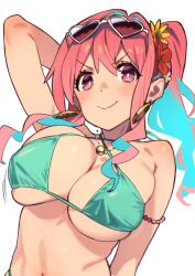 Rule 34 | 1girl, 92m, bikini, blue hair, bouncing breasts, breasts, closed mouth, commentary request, earrings, flower, hair flower, hair ornament, highres, hozuki kaede, jewelry, large breasts, long hair, looking at viewer, multicolored hair, necklace, onii-chan wa oshimai!, pink hair, simple background, smile, sunglasses, swimsuit, two-tone hair, upper body, white background