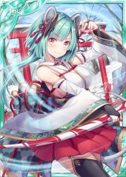 Rule 34 | 1girl, akkijin, animal ears, aqua hair, arrow (projectile), bare shoulders, bow (weapon), cat ears, fingerless gloves, floral print, frilled skirt, frills, gloves, hair ornament, holding, holding bow (weapon), holding weapon, japanese clothes, official art, orange eyes, outdoors, red ribbon, ribbon, shinkai no valkyrie, short hair, skirt, snow, tail, thighhighs, weapon