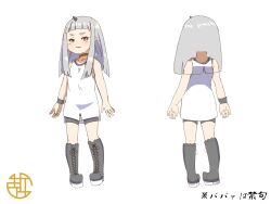 Rule 34 | 1girl, bare arms, bare shoulders, blush, boots, collarbone, cross-laced footwear, grey footwear, grey hair, grey shorts, highres, horns, kneehighs, kuro kosyou, lace-up boots, long hair, multiple views, oni, original, parted lips, pointy ears, red eyes, shirt, shorts, simple background, single horn, sleeveless, sleeveless shirt, smile, socks, standing, thick eyebrows, translation request, turnaround, white background, white shirt, x-ray