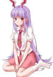Rule 34 | 1girl, animal ears, blush, rabbit ears, crescent, dress shirt, extra ears, long hair, necktie, puffy short sleeves, puffy sleeves, purple hair, red eyes, reisen udongein inaba, shirt, short sleeves, skirt, solo, touhou, very long hair, vippest