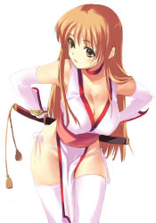 Rule 34 | 1girl, arms behind back, breasts, brown eyes, brown hair, choker, cleavage, dead or alive, elbow gloves, gloves, hanging breasts, kasumi (doa), kawata hisashi, large breasts, leaning forward, long hair, panties, parted lips, pelvic curtain, side-tie panties, simple background, solo, standing, sword, tecmo, thighhighs, underwear, weapon, white background, white gloves, white panties, white thighhighs