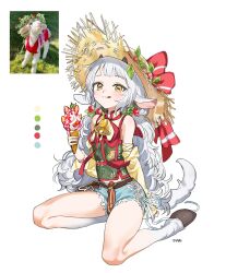 Rule 34 | 1girl, :q, animal ears, animal feet, artist name, bell, bow, denim, denim shorts, food, fruit, goat, goat ears, goat girl, goat horns, goat tail, hat, hat bow, haze (ohw8g), head wreath, highres, holding, holding food, holding ice cream, hooves, horns, ice cream, jingle bell, long hair, looking at viewer, making-of available, original, personification, photo-referenced, rectangular pupils, red bow, red ribbon, reference inset, ribbon, shorts, sidelocks, simple background, sitting, solo, straw hat, strawberry, tongue, tongue out, very long hair, white background, white hair, yellow eyes, yokozuwari
