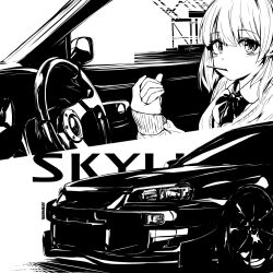 Rule 34 | 1girl, bow, car, car interior, cardigan, collared shirt, from side, greyscale, hand grab, highres, looking at viewer, monochrome, motor vehicle, multiple views, nissan, nissan skyline, nissan skyline gt-r, nissan skyline r34, nougat (73r1r1), original, shirt, short hair, steering wheel