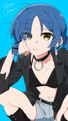 Rule 34 | 1girl, absurdres, artist name, belt, black belt, black bra, black choker, black footwear, black jacket, blue background, blue hair, bocchi the rock!, boots, bra, choker, closed mouth, collarbone, commentary, earrings, grey shorts, highres, jacket, jewelry, knee boots, long sleeves, mole, mole under eye, navel, open clothes, open jacket, short hair, shorts, signature, simple background, solo, underwear, yamada ryo, yellow eyes, zetsuyo chimayo
