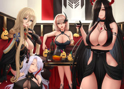 Rule 34 | 4girls, aiguillette, alcohol, arm under breasts, armlet, azur lane, bare shoulders, bismarck (azur lane), black choker, black dress, black gloves, black hair, blonde hair, blue eyes, bottle, breasts, brown eyes, choker, cleavage, closed mouth, commentary, cup, dress, drinking glass, english commentary, epaulettes, closed eyes, fingerless gloves, friedrich der grosse (azur lane), gloves, hair between eyes, hair over one eye, hair ribbon, halterneck, hat, highres, ice, ice cube, index finger raised, indoors, iron blood (emblem), large breasts, crossed legs, long hair, looking at viewer, lying, manjuu (azur lane), medium hair, multicolored hair, multiple girls, nail polish, on back, parted lips, partially fingerless gloves, party hat, prinz eugen (azur lane), ribbon, roon (azur lane), see-through, silver hair, sitting, sleeping, streaked hair, thighs, two side up, very long hair, wine glass, yellow eyes, zaphn