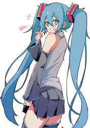 Rule 34 | 1girl, 3774., ^^^, aqua eyes, aqua hair, bare shoulders, black skirt, black sleeves, black thighhighs, clothes lift, commentary, cowboy shot, detached sleeves, from behind, grey shirt, grin, hair ornament, hand up, hatsune miku, long hair, looking at viewer, looking back, miniskirt, pleated skirt, shirt, skirt, skirt lift, sleeveless, sleeveless shirt, smile, solo, thighhighs, translated, twintails, v, very long hair, vocaloid, white background, zettai ryouiki