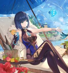 Rule 34 | 1girl, alcohol, aqua eyes, asymmetrical gloves, beach chair, blue hair, blue sky, bob cut, bottle, breasts, building, closed mouth, cocktail glass, crossed legs, cup, diagonal bangs, dice, drinking glass, elbow gloves, feather-trimmed jacket, feet out of frame, fingerless gloves, flower, food, fruit, fur-trimmed jacket, fur trim, genshin impact, gloves, highres, holding, holding cup, jacket, jacket on shoulders, legs, medium breasts, mismatched gloves, mole, mole on breast, neck tassel, orange (fruit), outdoors, outstretched arm, pier, rudang, single elbow glove, sitting, sky, smile, solo, table, tassel, tassel choker, umbrella, water, wooden table, yelan (genshin impact)