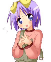 Rule 34 | 00s, 1girl, blue eyes, blush, hair bow, hiiragi tsukasa, looking at viewer, lucky star, overalls, pink shirt, purple hair, solo, standing, upper body