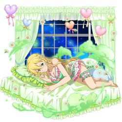 Rule 34 | 1girl, barefoot, bed, blonde hair, breasts, cleavage, collarbone, daisy, elf, flower, green eyes, hair between eyes, hair ribbon, heart, highres, leafa, long hair, looking at viewer, lying, medium breasts, night, night sky, official art, on side, pink ribbon, pointy ears, ribbon, sky, soles, solo, sparkle, star (sky), starry sky, steam, sword art online, transparent background, very long hair, white flower, white ribbon