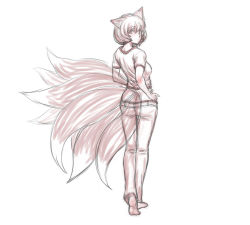 Rule 34 | 1girl, animal ears, ass, barefoot, butt crack, contemporary, denim, feet, female focus, fox ears, fox tail, full body, highres, jeans, kuro suto sukii, looking back, monochrome, multiple tails, no panties, pants, shirt, short hair, simple background, soles, solo, tail, toes, touhou, white background, yakumo ran