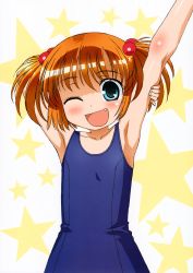 Rule 34 | 1girl, ;d, absurdres, arm behind head, arm up, armpits, blue eyes, blue one-piece swimsuit, blush, body blush, child, fang, flat chest, hair bobbles, hair ornament, highres, holding own arm, kataoka yuuki, looking at viewer, megami magazine, official art, one-piece swimsuit, one eye closed, open mouth, orange hair, saki (manga), scan, school swimsuit, short hair, short twintails, smile, solo, star (symbol), starry background, stretching, swimsuit, twintails, two side up, upper body, wink