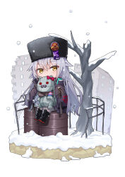 Rule 34 | 1girl, absurdres, black coat, black footwear, black hat, boots, building, button eyes, buttons, charlotta skopovskaya, coat, covered mouth, fur hat, grey hair, grey sweater, hat, heaven burns red, highres, holding, holding stuffed toy, long hair, looking at viewer, railing, shiime, sitting, snow, solo, stuffed animal, stuffed cat, stuffed toy, sweater, tree, ushanka