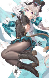 Rule 34 | 1girl, animal ear fluff, animal ears, ass, blush, boots, bow, breasts, card, cat ears, cat girl, cat tail, facial mark, fangxiang cuoluan, from behind, genshin impact, gloves, grey hair, hat, high heel boots, high heels, highres, long hair, long sleeves, looking at viewer, looking back, lynette (genshin impact), pantyhose, parted lips, playing card, purple eyes, solo, star (symbol), star facial mark, tail, thighs, top hat, two-tone gloves, white gloves