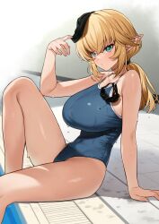 Rule 34 | 1girl, :/, absurdres, aegis (takunomi), alternate costume, aqua eyes, arm support, bare shoulders, black scrunchie, blonde hair, blue one-piece swimsuit, breasts, closed mouth, collarbone, commentary request, competition school swimsuit, covered navel, crossed bangs, drain (object), dripping, elf, enjo kouhai, feet out of frame, from side, goggles, groin, hair between eyes, hair ornament, hair scrunchie, hand up, highres, knee up, large breasts, leaning back, long hair, long pointy ears, looking at viewer, low ponytail, one-piece swimsuit, pointy ears, ponytail, pool, poolside, removing headwear, school swimsuit, scrunchie, shadow, sidelocks, sitting, soaking feet, solo, swim cap, swimsuit, takunomi, thighs, tile floor, tiles, unworn goggles, wet, wet clothes, wet hair, wet swimsuit