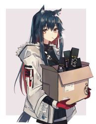 Rule 34 | 1girl, absurdres, animal ears, arknights, black pantyhose, blue hair, border, box, buckle, cardboard box, cigarette, collared shirt, commentary request, cowboy shot, dark blue hair, denim, denim shorts, eyes visible through hair, fur trim, gloves, hair between eyes, highres, holding, holding box, hood, hooded jacket, jacket, kokao358, layered sleeves, long hair, long sleeves, looking at viewer, multicolored hair, out of frame, outside border, pantyhose, parted lips, patch, red eyes, red gloves, red hair, shirt, shorts, simple background, smoke, solo, standing, tail, texas (arknights), texas (winter messenger) (arknights), white jacket, wolf ears, wolf tail