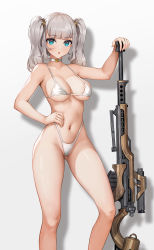 Rule 34 | 1girl, absurdres, bikini, blunt bangs, breasts, choker, eyebrows hidden by hair, feet out of frame, grey hair, gun, hand on own hip, highleg, highleg bikini, highleg swimsuit, highres, large breasts, long hair, looking at viewer, original, rifle, secon, shadow, simple background, solo, standing, swimsuit, twintails, weapon, weapon request, white background, white bikini, white choker