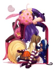 Rule 34 | 10s, 4girls, animal ears, bad id, bad pixiv id, blonde hair, blue hair, blush, boots, cat ears, cat tail, chuchu (show by rock!!), closed eyes, curly hair, cyan (show by rock!!), dog tail, glasses, hair ornament, headdress, heart, highres, holding hands, interlocked fingers, long hair, moa (show by rock!!), multiple girls, orange skirt, pantyhose, pink hair, purple hair, rabbit ears, rabbit girl, rabbit tail, retoree (show by rock!!), shiro ymko, short hair, show by rock!!, simple background, sitting, skirt, star (symbol), star hair ornament, striped clothes, striped legwear, striped thighhighs, tail, thighhighs, twintails, white background, yuri