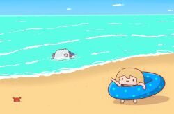 Rule 34 | . ., 2girls, :d, absurdres, asphyxiation, beach, blonde hair, blue hair, blue hoodie, blue sky, cloud, commentary, crab, drowning, gawr gura, grey hair, hair ornament, highres, hololive, hololive english, hood, hoodie, horizon, innertube, lying, multicolored hair, multiple girls, ocean, on stomach, open mouth, outdoors, partially submerged, phdpigeon, pointing, pointing at another, shark hair ornament, sky, smile, smol ame, smol gura, solid circle eyes, streaked hair, swim ring, symbol-only commentary, twintails, virtual youtuber, watson amelia