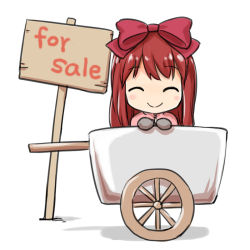 Rule 34 | 1girl, bow, brown gloves, chibi, closed eyes, closed mouth, commentary, commentary request, english commentary, gloves, hair bow, in cart, long hair, merchant (ragnarok online), natsuya (kuttuki), pink vest, pullcart, ragnarok online, red bow, red hair, sign, simple background, smile, solo, upper body, vest, white background