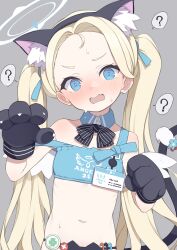 Rule 34 | 1girl, ?, animal ears, animal hands, bare shoulders, black gloves, black panties, blonde hair, blue archive, blue bra, blue eyes, blush, bow, bowtie, bra, breasts, cat ears, cat tail, commentary request, detached collar, fake animal ears, forehead, gamuo, gloves, hairband, halo, long hair, looking at viewer, mini wings, navel, open mouth, panties, parted bangs, paw gloves, small breasts, solo, sora (blue archive), tail, twintails, underwear, very long hair, white wings, wings
