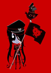 Rule 34 | 1girl, boots, female focus, flag, flat color, full body, goth fashion, hat, high heel boots, high heels, long hair, military, military hat, military uniform, misery (ruby gloom), red background, ruby gloom, solo, tears, thighhighs, uniform