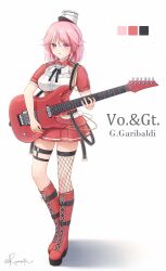 Rule 34 | 1girl, armpit cutout, aticsanir, boots, clothing cutout, color guide, cross-laced footwear, electric guitar, fishnet thighhighs, fishnets, full body, giuseppe garibaldi (kancolle), guitar, hat, highres, instrument, kantai collection, lace-up boots, mini hat, multicolored hair, pink eyes, pink hair, red footwear, red hair, red shirt, red skirt, shirt, short hair, simple background, single thighhigh, skirt, solo, streaked hair, thighhighs, white background, white hat