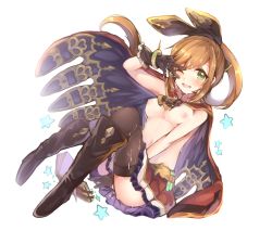 Rule 34 | 10s, 1girl, ;d, bad id, bad pixiv id, between legs, black footwear, black gloves, black thighhighs, book, boots, breasts, brown hair, cape, clarisse (granblue fantasy), cleavage, cum, cum on body, facial, gloves, granblue fantasy, green eyes, hand between legs, heart, heart-shaped pupils, highres, kaenuco, knee boots, long hair, looking at viewer, medium breasts, navel, nipples, one eye closed, open mouth, pleated skirt, simple background, skirt, smile, solo, star (symbol), symbol-shaped pupils, thighhighs, topless, v over eye, white background
