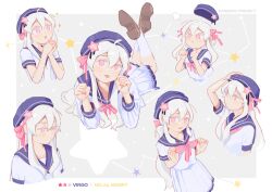 Rule 34 | 1girl, :p, :t, absurdres, adjusting clothes, alternate costume, blue sailor collar, bow, bowtie, brown footwear, character name, clenched hands, constellation, cropped torso, feet up, fume, grey background, hair bow, hair ornament, hand on headwear, hands up, hat launch, highres, kagerou project, kozakura marry, loafers, long hair, looking at viewer, looking away, lying, miniskirt, multiple views, on stomach, open mouth, own hands together, paw pose, pink bow, pink bowtie, pink eyes, pleated skirt, pout, sailor collar, shirt, shoe soles, shoes, short hair with long locks, short sleeves, sidelocks, skirt, skirt set, socks, sparkle, star (symbol), star hair ornament, tongue, tongue out, very long hair, virgo (symbol), virgo (zodiac), white hair, white shirt, white skirt, whitegull666, zodiac