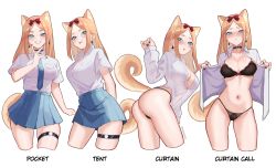 Rule 34 | 1girl, absurdres, animal ears, black panties, blue necktie, blue skirt, blush, breasts, cleavage, collared shirt, commentary, curtain call challenge (meme), dog ears, dog girl, dog tail, earrings, english commentary, fran (gudanco), fran (gudanco (nyanmeowzer)), gudanco (nyanmeowzer), hair behind ear, highres, jewelry, leaning forward, looking at viewer, meme, multiple views, navel, necktie, open clothes, open shirt, original, panties, parted bangs, shirt, skirt, tail, tongue, tongue out, underwear, white shirt