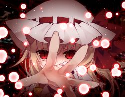 Rule 34 | 1girl, check commentary, commentary request, danmaku, flandre scarlet, flat chest, hat, hat ribbon, looking at viewer, mob cap, outstretched arm, outstretched hand, red eyes, ribbon, slit pupils, solo, touhou, toutenkou, tsurime