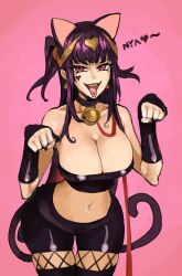 Rule 34 | 1girl, animal ears, bare shoulders, black hair, breasts, cat ears, cat tail, cleavage, crop top, fingerless gloves, fire emblem, fire emblem awakening, gloves, highres, large breasts, nintendo, saiykik, shorts, sleeveless, tail, tharja (fire emblem), tongue, tongue out, twintails