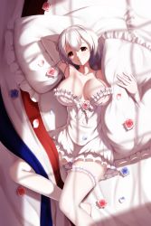 Rule 34 | 1girl, absurdres, areola slip, arm behind head, armpits, azur lane, bad id, bad pixiv id, bare shoulders, blue flower, blue rose, breasts, breasts apart, closed mouth, collarbone, elbow gloves, eyelashes, flower, french flag, frilled gloves, frilled nightgown, frilled thighhighs, frills, gloves, hair between eyes, head tilt, highres, indoors, laoan, large breasts, lying, nightgown, on back, petals, pillow, red eyes, red flower, red rose, ribbon, rose, shadow, short hair, sirius (azur lane), sunlight, thighhighs, thighs, white gloves, white nightgown, white ribbon, white thighhighs