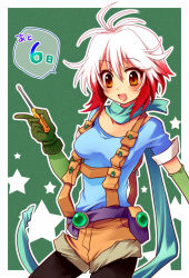 Rule 34 | 1girl, blue shirt, brown eyes, gloves, green background, miyu (matsunohara), multicolored hair, overalls, pascal (tales), pascal (tales), red hair, scarf, screwdriver, shirt, short hair, smile, solo, tales of (series), tales of graces, two-tone hair, white hair