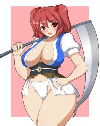 Rule 34 | 1girl, bad id, bad pixiv id, breasts, cleavage, curvy, female focus, hair bobbles, hair ornament, hip focus, huge breasts, kyokutou hentai samurai, large breasts, no bra, onozuka komachi, panties, plump, red eyes, red hair, scythe, short hair, solo, thick thighs, thighs, touhou, twintails, two side up, underwear, wide hips