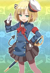 Rule 34 | 1girl, aged down, armband, black skirt, blonde hair, blue jacket, blush, breasts, buttons, demon tail, fate/grand order, fate (series), gloves, gradient background, green background, green eyes, hand on own hip, highres, jacket, long sleeves, looking at viewer, lord el-melloi ii case files, open mouth, pantyhose, reines el-melloi archisorte, shimouki izui, short hair, skirt, small breasts, smile, sword, tail, thighs, tilted headwear, weapon, white gloves, white headwear