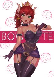 Rule 34 | 1girl, armlet, bare shoulders, black gloves, black thighhighs, bowsette, bracelet, breasts, cglas, character name, collar, covered navel, cowboy shot, crown, dark-skinned female, dark skin, earrings, garter straps, gloves, green eyes, horns, jewelry, large breasts, looking at viewer, mario (series), medium hair, mushroom earrings, new super mario bros. u deluxe, nintendo, ponytail, red hair, see-through, simple background, spiked armlet, spiked bracelet, spiked collar, spikes, standing, super crown, thick eyebrows, thighhighs, tongue, tongue out