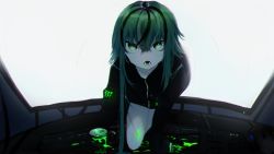 Rule 34 | 1girl, chromatic aberration, drooling, female focus, glowing, green eyes, green hair, highres, looking at viewer, monitor, monster energy, muki, multicolored hair, open mouth, original, short hair with long locks, solo, teeth
