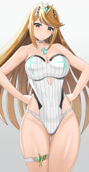 Rule 34 | &gt;:), 1girl, bare arms, bare shoulders, blonde hair, blush, breasts, brown eyes, casual one-piece swimsuit, chest jewel, choker, cleavage, closed mouth, collarbone, commentary request, cowboy shot, earrings, gem, gluteal fold, gradient background, grey background, hair ornament, hands on own hips, head tilt, headpiece, highres, higofushi, jewelry, large breasts, long hair, looking at viewer, mythra (radiant beach) (xenoblade), mythra (xenoblade), nintendo, official alternate costume, one-piece swimsuit, sidelocks, single earring, smile, solo, straight hair, strapless, strapless one-piece swimsuit, striped clothes, striped one-piece swimsuit, swept bangs, swimsuit, thigh gap, thigh strap, thighs, tiara, v-shaped eyebrows, vertical-striped clothes, vertical-striped one-piece swimsuit, very long hair, white choker, white one-piece swimsuit, xenoblade chronicles (series), xenoblade chronicles 2