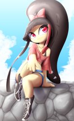 Rule 34 | 1girl, black hair, blue sky, blunt bangs, bow, cloud, colored skin, creatures (company), crop top, day, full body, game freak, gen 3 pokemon, hair bow, humanization, long hair, looking to the side, mawile, midriff, multicolored hair, navel, nintendo, pink bow, pokemon, pokemon rse, ponytail, red eyes, rilex lenov, shorts, sitting, sky, smile, solo, stone wall, streaked hair, wall, yellow skin