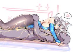Rule 34 | 1boy, 1girl, ^ ^, ^o^, alternate costume, animal ears, bald, black pantyhose, blue eyes, blue leotard, blush, breasts, bridal gauntlets, cat ears, closed eyes, clothed female nude male, from side, girl on top, hands on another&#039;s hips, heart, izayoi sakuya, large breasts, latex, leotard, looking at another, lube, maid headdress, nude, oiled, on person, pantyhose, shiny skin, short hair, signature, silver hair, spoken heart, tajima yuuki, thighband pantyhose, thighs, touhou, wide hips