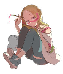 Rule 34 | 1girl, bag, bare shoulders, blonde hair, blue footwear, blush, bright pupils, brown eyes, closed mouth, collarbone, creatures (company), expressionless, facepaint, forehead, full body, game freak, half-closed eyes, holding, holding brush, knees up, legs together, long hair, looking at viewer, mina (pokemon), nintendo, off shoulder, paintbrush, pokemon, pokemon sm, shirt, shoes, short sleeves, simple background, sitting, sketchbook, solo, ter (otokoter), white background, white shirt