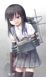 Rule 34 | 10s, 1girl, arm warmers, asashio (kancolle), bad id, bad pixiv id, black hair, black thighhighs, blue eyes, collared shirt, gradient background, grey skirt, hand on own stomach, injury, kantai collection, long hair, machinery, one eye closed, pleated skirt, school uniform, shirt, skirt, solo, suspenders, thighhighs, torn clothes, yuyuzuki (yume usagi)