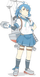 Rule 34 | 1girl, adapted turret, arm warmers, bad id, bad pixiv id, black socks, blue hair, blue ribbon, blue sailor collar, blue skirt, brown eyes, fukae (kancolle), gloves, hand on own hip, hat, highres, kantai collection, kneehighs, looking at viewer, machinery, neck ribbon, ninimo nimo, open mouth, pleated skirt, ribbon, sailor collar, sailor hat, school uniform, serafuku, short hair, side ponytail, simple background, single arm warmer, skirt, smokestack, socks, solo, standing, white background, white gloves, white hat