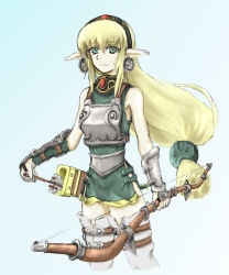 Rule 34 | armor, arrow (projectile), blonde hair, bow (weapon), bracer, breastplate, culdcept, elf, festino, green eyes, headband, kigi, pointy ears, quiver, solo, thighhighs, weapon, white thighhighs, zettai ryouiki