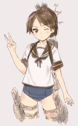 Rule 34 | 10s, 1girl, blush, brown eyes, brown hair, commentary request, crop top, hair ribbon, kantai collection, kawata hisashi, long hair, looking at viewer, machinery, no pants, old school swimsuit, one-piece swimsuit, one eye closed, ponytail, ribbon, sailor collar, school swimsuit, shikinami (kancolle), sketch, solo, swimsuit, swimsuit under clothes, thigh strap, v