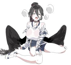 Rule 34 | 1girl, black choker, black hair, black wings, blue archive, blush, breasts, choker, closed eyes, exhausted, feathered wings, full body, hair between eyes, hamazaki hideki, hasumi (blue archive), hasumi (track) (blue archive), jacket, large breasts, long hair, mole, mole under eye, open clothes, open jacket, open mouth, see-through, shirt, shoes, short shorts, shorts, simple background, sitting, sneakers, solo, white background, wings