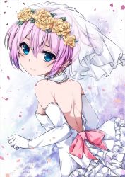 Rule 34 | 10s, 1girl, alternate costume, backless dress, backless outfit, bare shoulders, blue eyes, blush, bow, bridal veil, choker, commentary request, dress, elbow gloves, flower, frilled dress, frills, from side, gloves, hair between eyes, hikobae, kantai collection, light smile, looking at viewer, looking back, petals, pink bow, pink hair, ponytail, shiranui (kancolle), solo, strapless, strapless dress, veil, wedding dress, white dress, white gloves