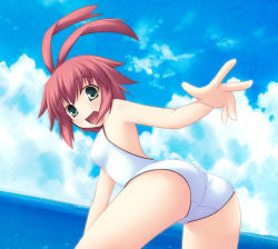Rule 34 | 1girl, antenna hair, ass, bent over, bow, breasts, cloud, day, green eyes, medium breasts, one-piece swimsuit, outdoors, red hair, renkin san-kyuu magical pokaan, shimakaze (soundz of bell), sky, solo, swimsuit, water, white one-piece swimsuit, yuuma (renkin san-kyuu magical pokaan)